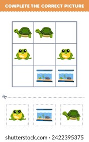 Juego para niños completa la imagen correcta de la rana de tortuga y la hoja de cálculo de mascotas imprimibles en acuario