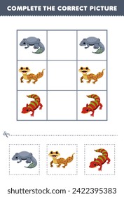 Game for children complete the correct picture of gecko printable pet worksheet