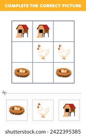 Game for children complete the correct picture of chicken coop and egg nest printable pet worksheet