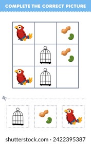 Juego para niños completa la imagen correcta de la jaula de aves y la hoja de cálculo de mascotas imprimibles de frijol