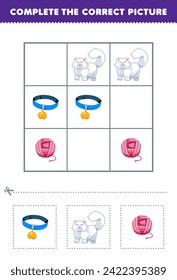 Game for children complete the correct picture of cat collar and yarn ball printable pet worksheet