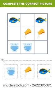 Game for children complete the correct picture of fish and fish bowl printable pet worksheet