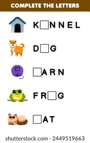 Game for children complete the letters from cute kennel dog yarn frog cat printable pet worksheet