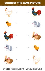 Game for children connect the same picture of cute chicken and rabbit printable pet worksheet
