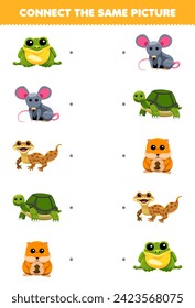 Game for children connect the same picture of cute frog mouse gecko turtle and hamster pet worksheet