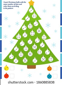 A game for children. Count Christmas balls with the same number of dots and color them according to the pattern