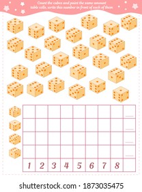 Un juego para los niños. Contar los cubos, rellenar el mismo número de celdas de la tabla, escribir este número delante de cada uno