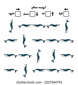 A game for children. Count how many whale swim to the left, right and how many up, down. Math game. Vector illustration