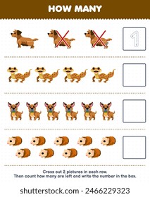Game for children count how many cute brown animal and write the number in the box pet worksheet