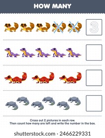 Game for children count how many cute gecko and write the number in the box pet worksheet