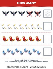 Game for children count how many cute bird and write the number in the box pet worksheet