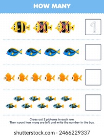 Juego para niños contar cuántos peces lindos y escribir el número en la caja de la hoja de cálculo mascota