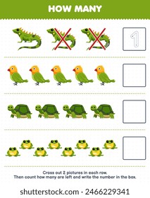 Game for children count how many cute green animal and write the number in the box pet worksheet