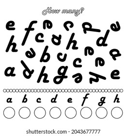 A game for children. Count the letters in the picture. Write down the result. Black and white Vector illustration.
