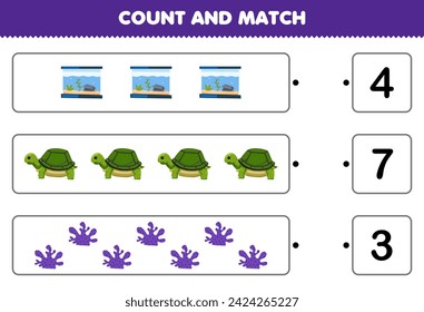 Game for children count and match the number of cute turtle coral and aquarium picture pet worksheet