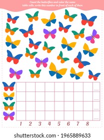 A game for children. Count the number of butterflies, fill in the same number of cells in the table, write this number in front of each of them