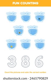 Game for children count the pictures and color the correct number from cute fish bowl pet worksheet