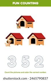 Game for children count the pictures and color the correct number from cute dog kennel pet worksheet