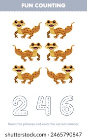 Game for children count the pictures and color the correct number from cute gecko pet worksheet