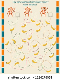 A game for children. Count and write down how much each monkey will collect, following its path