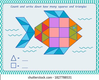 Game For Children. Count And Write Down How Many Squares And Triangles Are In The Fish Image