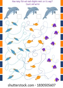 A game for children. count and write down how many fish each dolphin encounters on its way