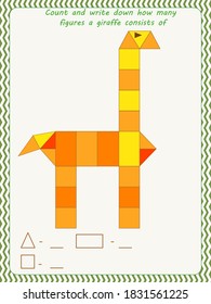 game for children. count and write down how many geometric shapes a giraffe is drawn from