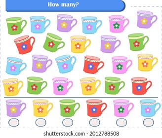 A game for children. Count and write down how many mugs. Development of attention