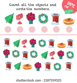 Game for children. Count and write the numbers. How many objects do you see here? Christmas items in cartoon style.