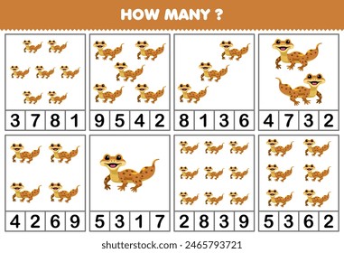 Game for children counting how many cute gecko in each table printable pet worksheet