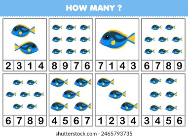 Juego para niños que cuentan cuántos peces lindos en cada hoja de trabajo de mascotas imprimible tabla