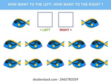 Game for children of counting left and right picture of cute blue fish printable pet worksheet