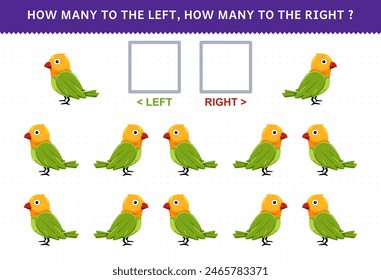 Game for children of counting left and right picture of cute bird printable pet worksheet