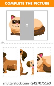 Game for children cut and complete the correct picture of cute fluffy cat printable pet worksheet