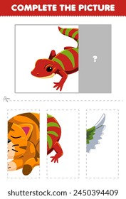 Game for children cut and complete the correct picture of cute red gecko printable pet worksheet