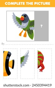 Game for children cut and complete the correct picture of cute flying bird printable pet worksheet