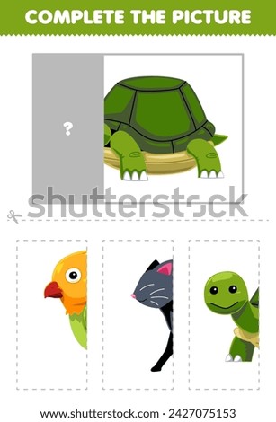 Game for children cut and complete the correct picture of cute turtle printable pet worksheet