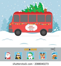 Game for children. Cut and glue. Festive Christmas bus with Santa and cute animals: penguin, Christmas gingerbread, deer. Vector illustration. Print Worksheet