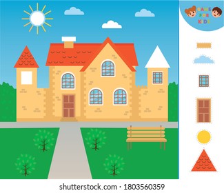 Game for children. Cut and  Glue house details. Educational puzzle game. Kids crafts activity page. Worksheet for printing. Vector illustration