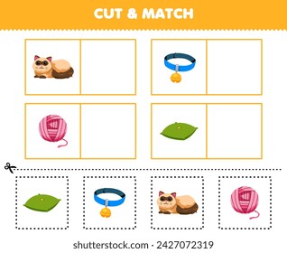 Game for children cut and match the same picture of cute cat and stuff printable pet worksheet