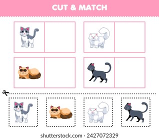 Game for children cut and match the same picture of cute cat printable pet worksheet