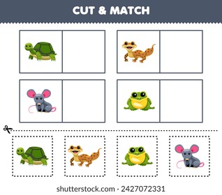 Game for children cut and match the same picture of cute turtle gecko frog and mouse pet worksheet