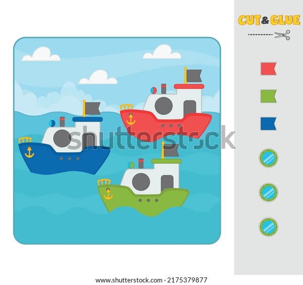 Game for\
children. Cut and paste. Flags on the ship by color. The\
development of logical thinking and the study of colors in\
preschool children. Vector\
illustration