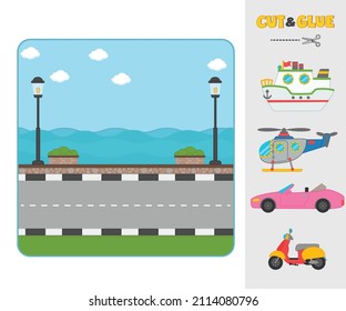 Game for children. Cut and paste machines. Match the transport going, floating, flying. Template for printing games with Velcro, puzzles.  Activity for pre sсhool years kids and toddlers