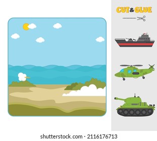 Game for children. Cut and paste. Match the transport going, floating, flying. Military transport, helicopter, tank, ship. Template for printing games with Velcro, puzzles. 