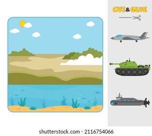 Spiel für Kinder. Schneiden und Einfügen. Entspricht dem Transport, schwimmen, fliegen. Militärtransport, Hubschrauber, Tank, Schiff.  Aktivität für Kinder und Kleinkinder vor с Schuljahren
