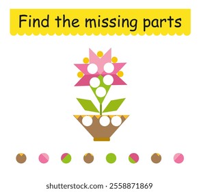 Game for children. Cute cartoon flower. Find the missing pieces. 