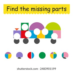 Game for children. Cute cartoon train. Find the missing pieces. Vector illustration.