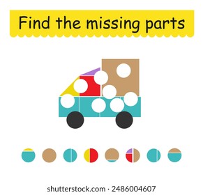 Game for children. Cute cartoon truck. Find the missing pieces. Vector illustration.