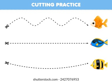 Game for children cutting practice with cute fish picture printable pet worksheet